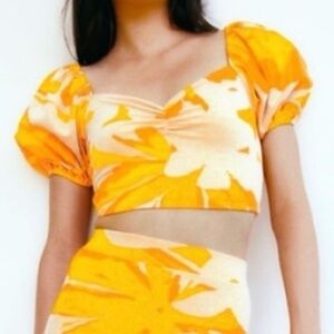 Zara Jacquard Knit Orange Tangerine Crop Top Small